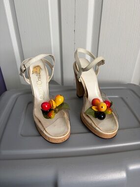 VINTAGE Neutral Platform with Fruit Accent (possibly cork heel platform)